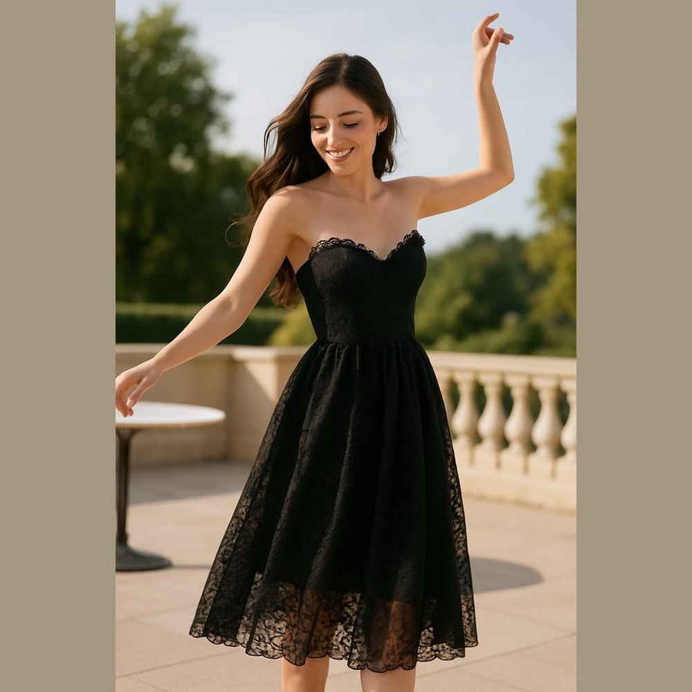 70s SUPERSTITION BLACK LACE SWEETHEART STRAPLESS FIT & FLARE MIDI DRESS SZ M